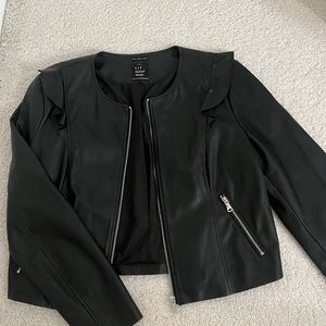 Zara Vegan black leather jacket with ruffle detail